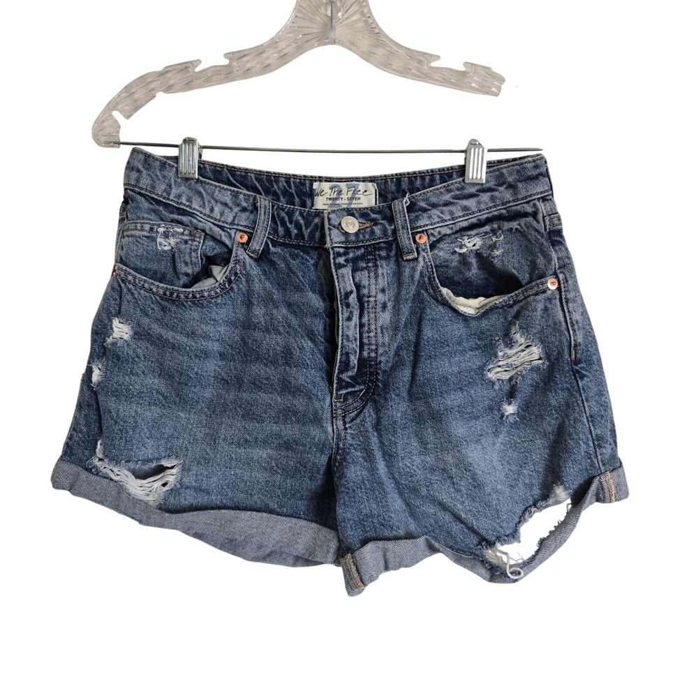 Free People Sz 27 Casual Cotton Distressed Blue Rolled Hem Denims Jean Shorts‎